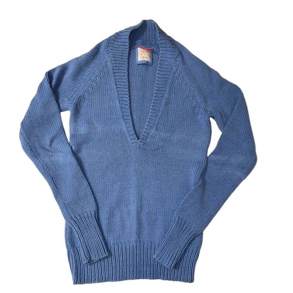 Blue Knit Sweater Women XS Deep V Neck Cozy Fall Prep Warm Winter Long Oversize